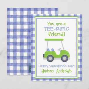 Blue and Green Gingham Golf Cart Valentine's Cards