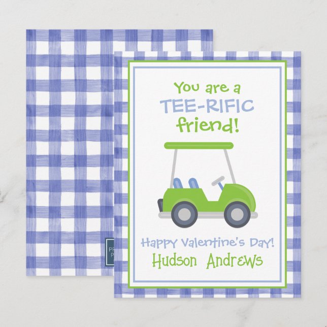 Blue and Green Gingham Golf Cart Valentine's Cards (Front/Back)