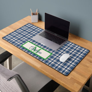 Blue and Green Gingham Plaid Tartan Monogram Desk Mat