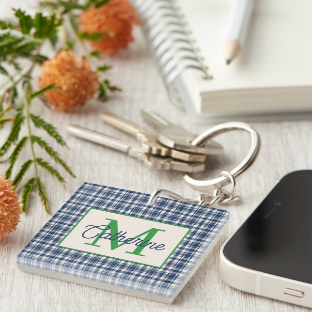 Blue and Green Gingham Plaid Tartan Monogram Key Ring (Front Right)