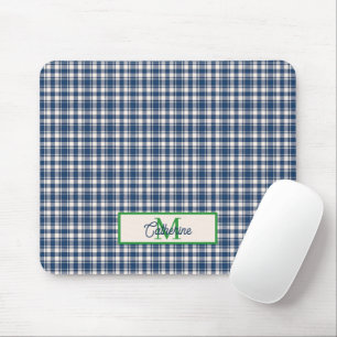 Blue and Green Gingham Plaid Tartan Monogram Mouse Mat