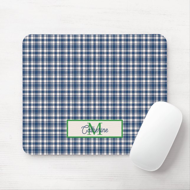 Blue and Green Gingham Plaid Tartan Monogram Mouse Mat (With Mouse)