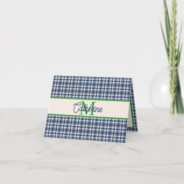 Blue and Green Gingham Plaid Tartan Monogram Note Card (Front)