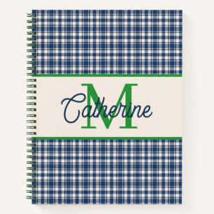 Blue and Green Gingham Plaid Tartan Monogram Notebook
