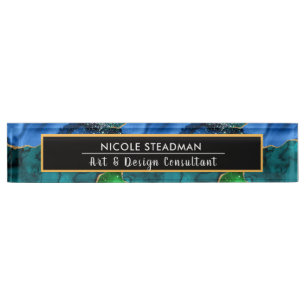Blue and Green Glitter Peacock Agate Nameplate