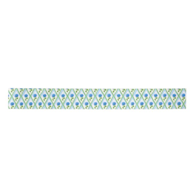 Blue and Green Grandmillenial Hydrangea Ditsy  Satin Ribbon (Front)