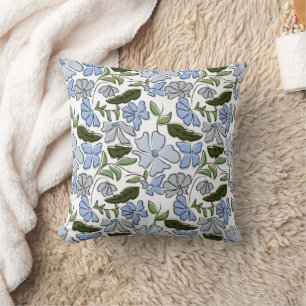 Blue and Green Hand Drawn Floral Block Print Cushion