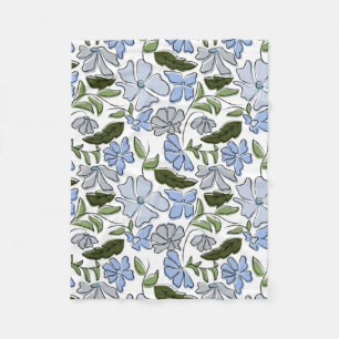 Blue and Green Hand Drawn Floral Block Print Fleece Blanket