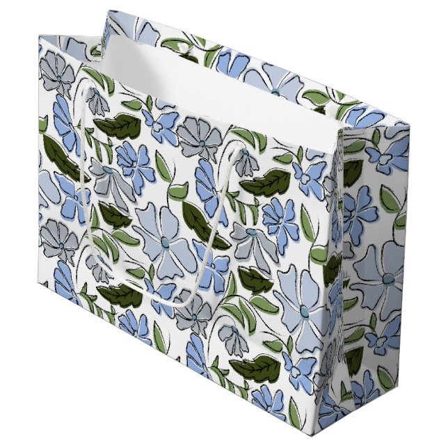 Blue and Green Hand Drawn Floral Block Print Large Gift Bag (Front Angled)