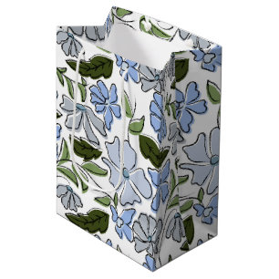 Blue and Green Hand Drawn Floral Block Print Medium Gift Bag