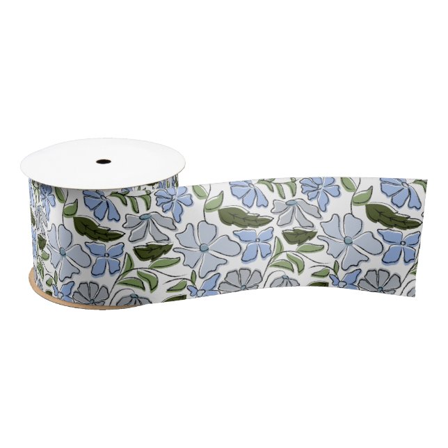 Blue and Green Hand Drawn Floral Block Print Satin Ribbon (Spool)