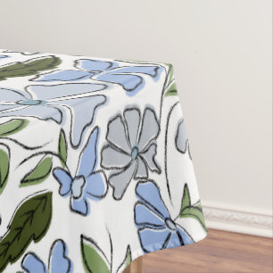 Blue and Green Hand Drawn Floral Block Print Tablecloth