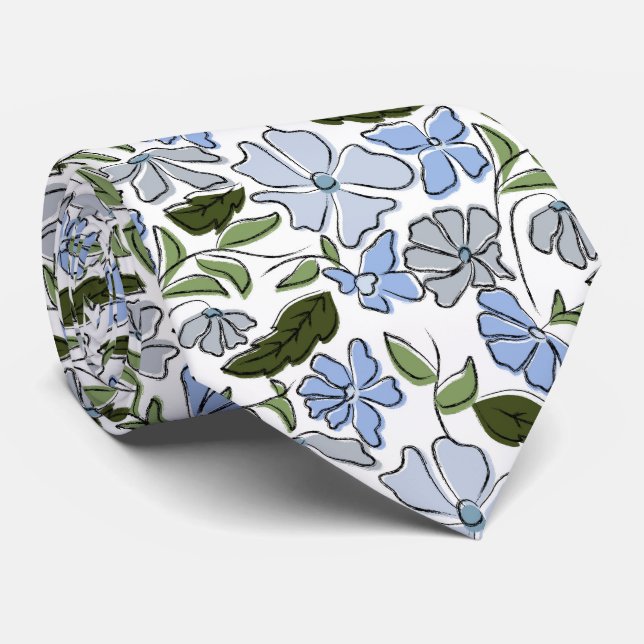 Blue and Green Hand Drawn Floral Block Print Tie (Rolled)