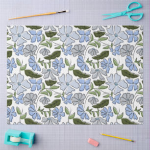Blue and Green Hand Drawn Floral Block Print Tissue Paper