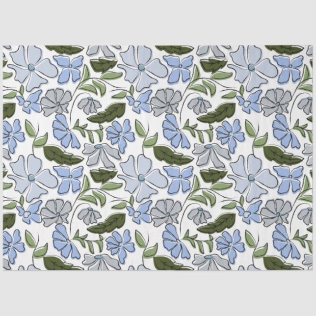 Blue and Green Hand Drawn Floral Block Print Tissue Paper (Front)