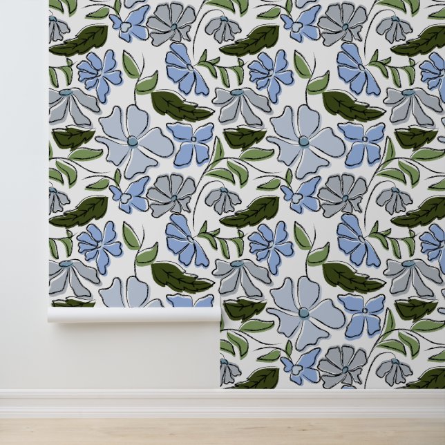 Blue and Green Hand Drawn Floral Block Print Wallpaper (Application)