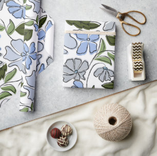 Blue and Green Hand Drawn Floral Block Print Wrapping Paper