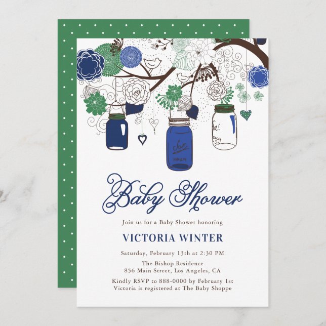 Blue and Green Hanging Mason Jars Baby Shower Invitation (Front/Back)