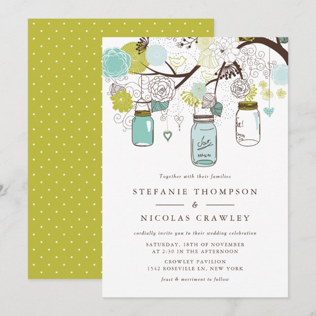 Blue and Green Hanging Mason Jars Wedding Invitation (Front/Back)