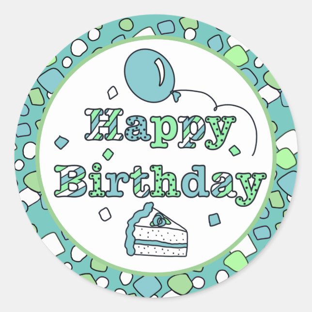 Blue and Green Happy Birthday  Classic Round Sticker (Front)