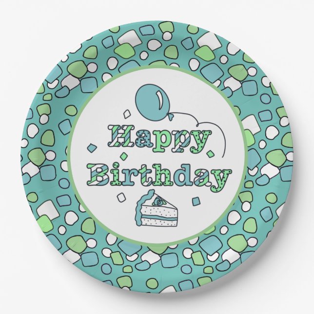 Blue and Green Happy Birthday Paper Plate (Front)