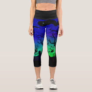 Blue and green haunted graveyard Halloween Capri Leggings