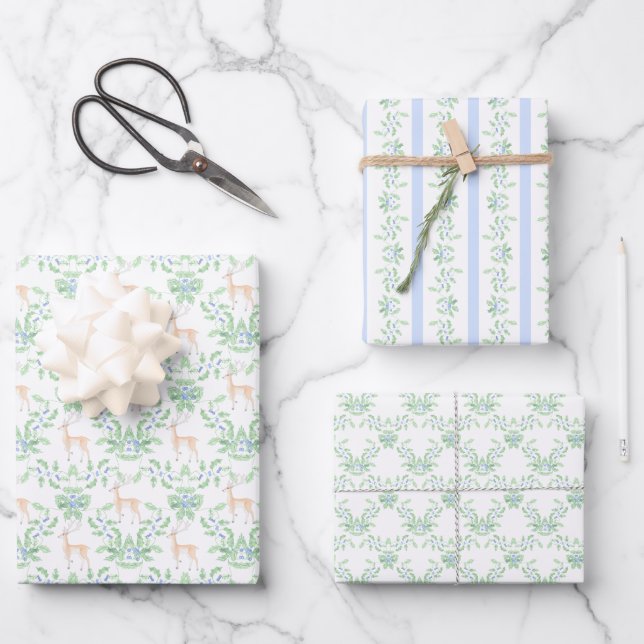 Blue and Green Holly Trellis with Deer Wrapping Paper Sheet (Front)