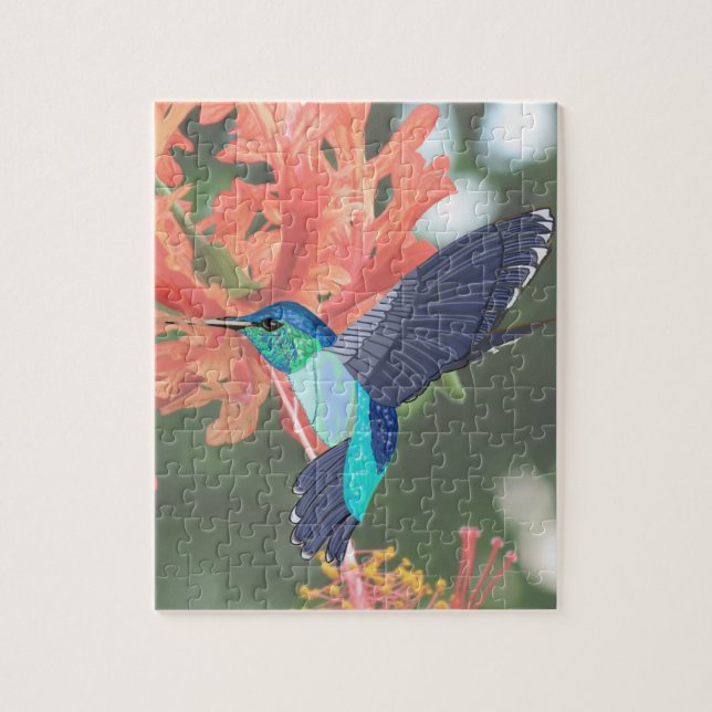 Blue and Green Hummingbird and orange Hibiscus Jigsaw Puzzle (Vertical)