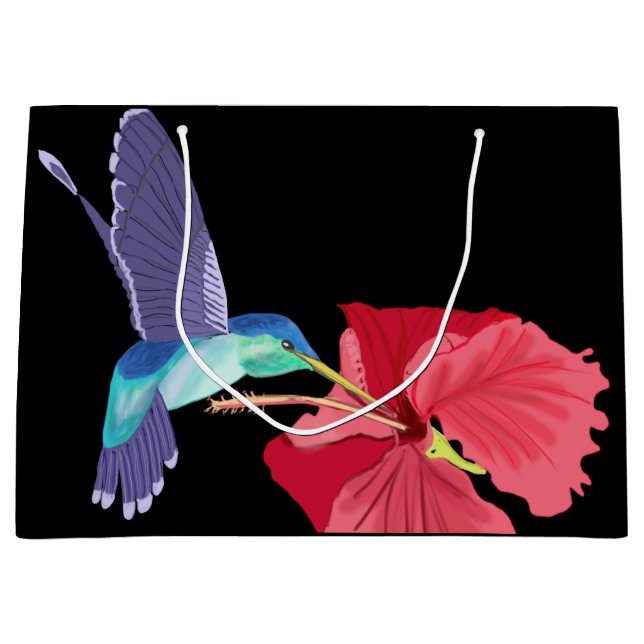 Blue and Green Hummingbird and red Hibiscus Large Large Gift Bag (Front)