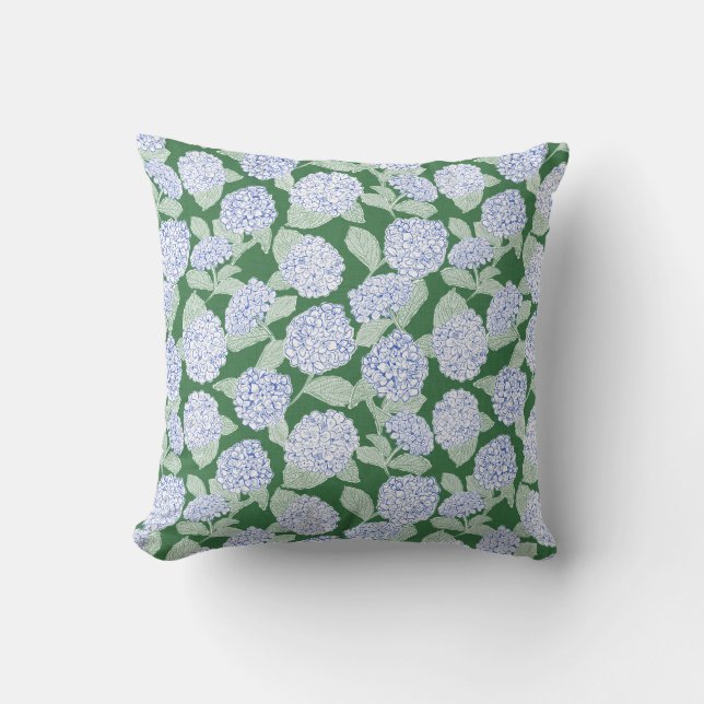 Blue and Green Hydrangea Floral Cushion (Front)