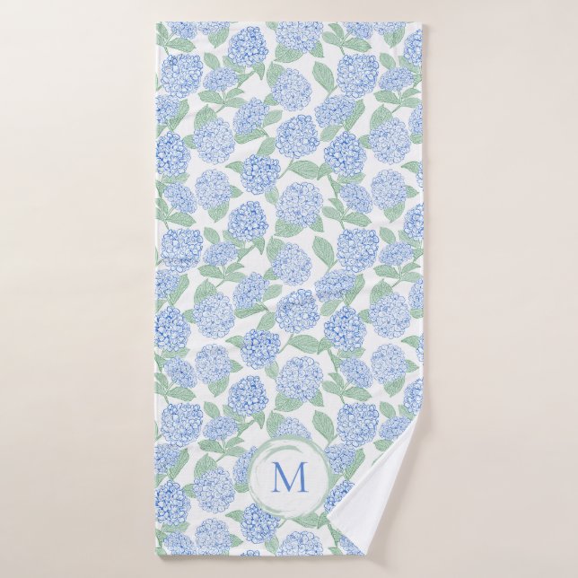 Blue and Green Hydrangea Floral Pattern Monogram Bath Towel (Bath Towel)