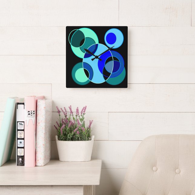 Blue and green intersecting circles design square wall clock (Reading Room)