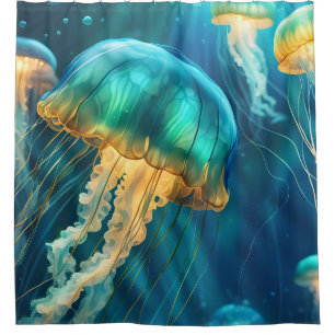 Blue and Green Jellyfish Shower Curtain