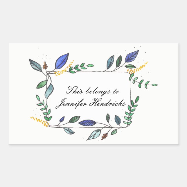 Blue and Green Leaf Decorated Bookplate Rectangular Sticker (Front)