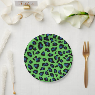 Blue and Green Leopard Print Paper Plate