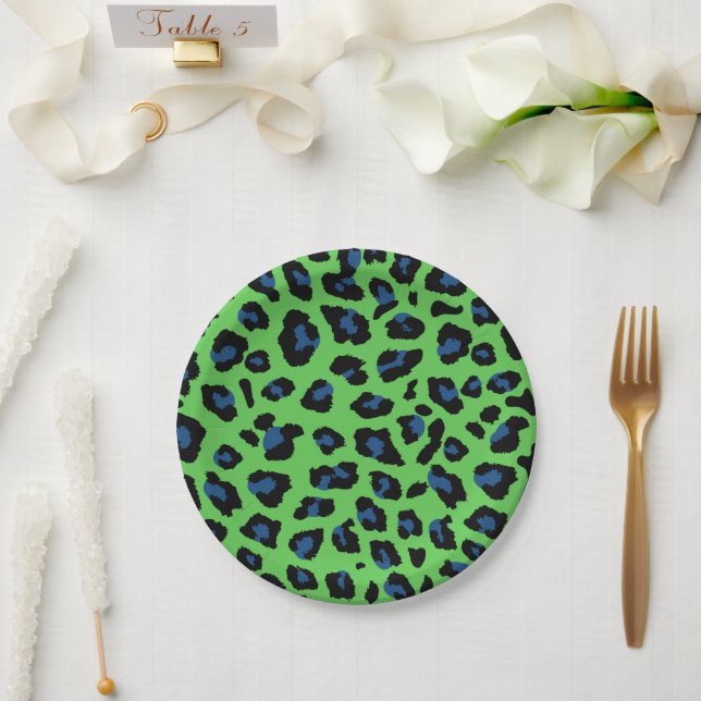 Blue and Green Leopard Print Paper Plate (Wedding)
