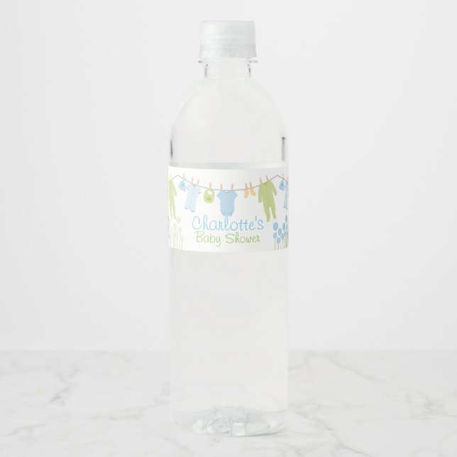 Blue and Green Little Clothes Baby Shower Water Bottle Label (Front)