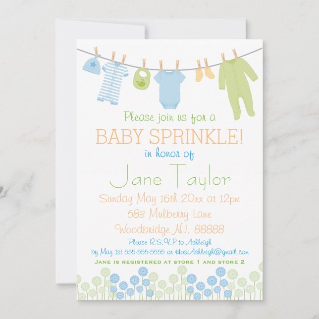 Blue and Green Little Clothes Baby Sprinkle Invitation (Front)