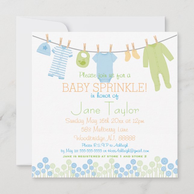 Blue and Green Little Clothes Baby Sprinkle Invitation (Front)