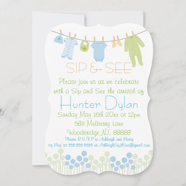 Blue and Green Little Clothes Sip and See Invitation (Front)