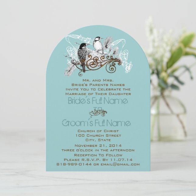 Blue and Green Love Bird Barn Wedding Invitation (Standing Front)