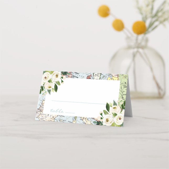 Blue and Green Map with Florals Travel Theme Place Card (Front)