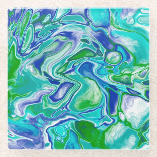 Blue and Green Marble Fluid Art Abstract    Glass Coaster (Front)
