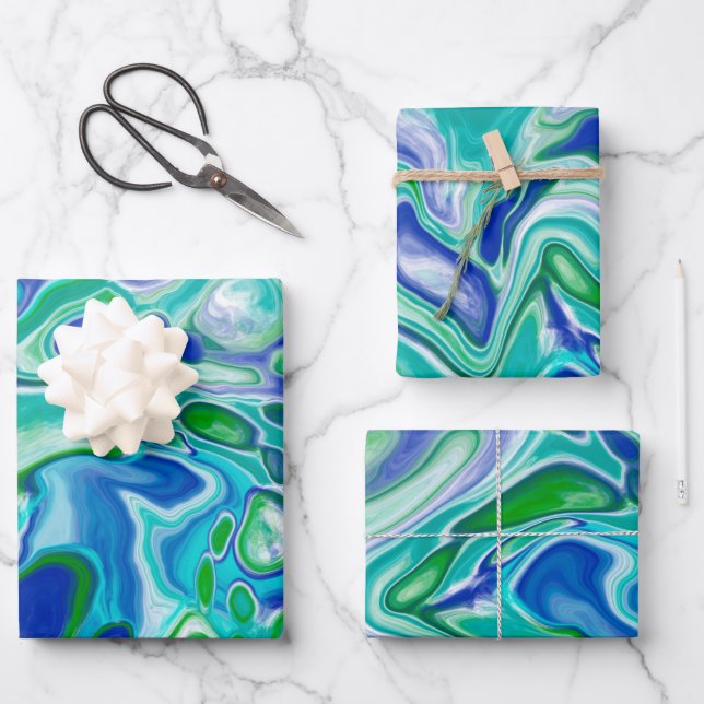 Blue and Green Marble Fluid Art Abstract   Wrapping Paper Sheet (Front)