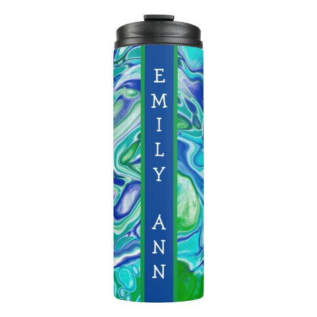 Blue and Green Marble Fluid Art Personalised Thermal Tumbler (Front)