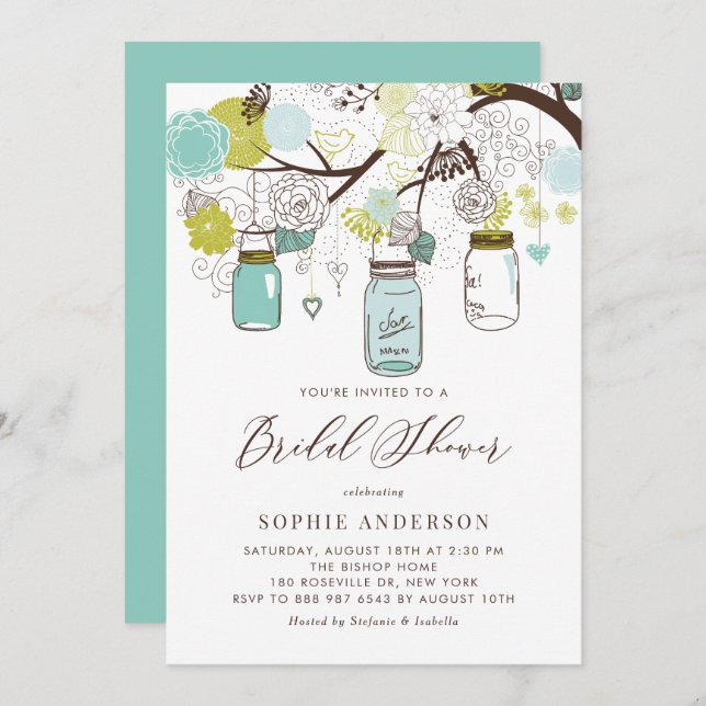 Blue and Green Mason Jars Bridal Shower Invitation (Front/Back)