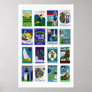 Blue and Green Matchbox Label Collage, colour stud Poster