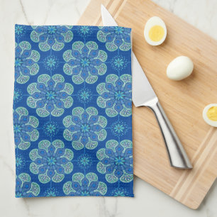 blue and green medallions tea towel