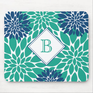 Blue and Green Modern Blooms Initial Monogram Mouse Mat