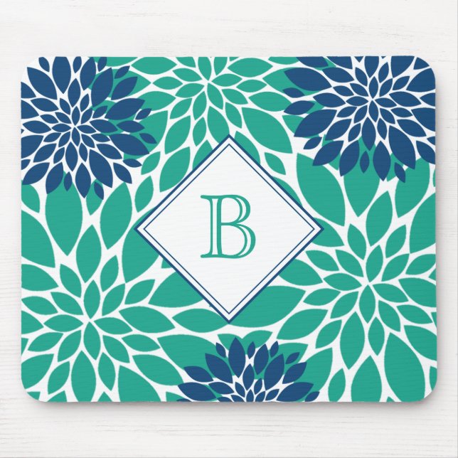 Blue and Green Modern Blooms Initial Monogram Mouse Mat (Front)